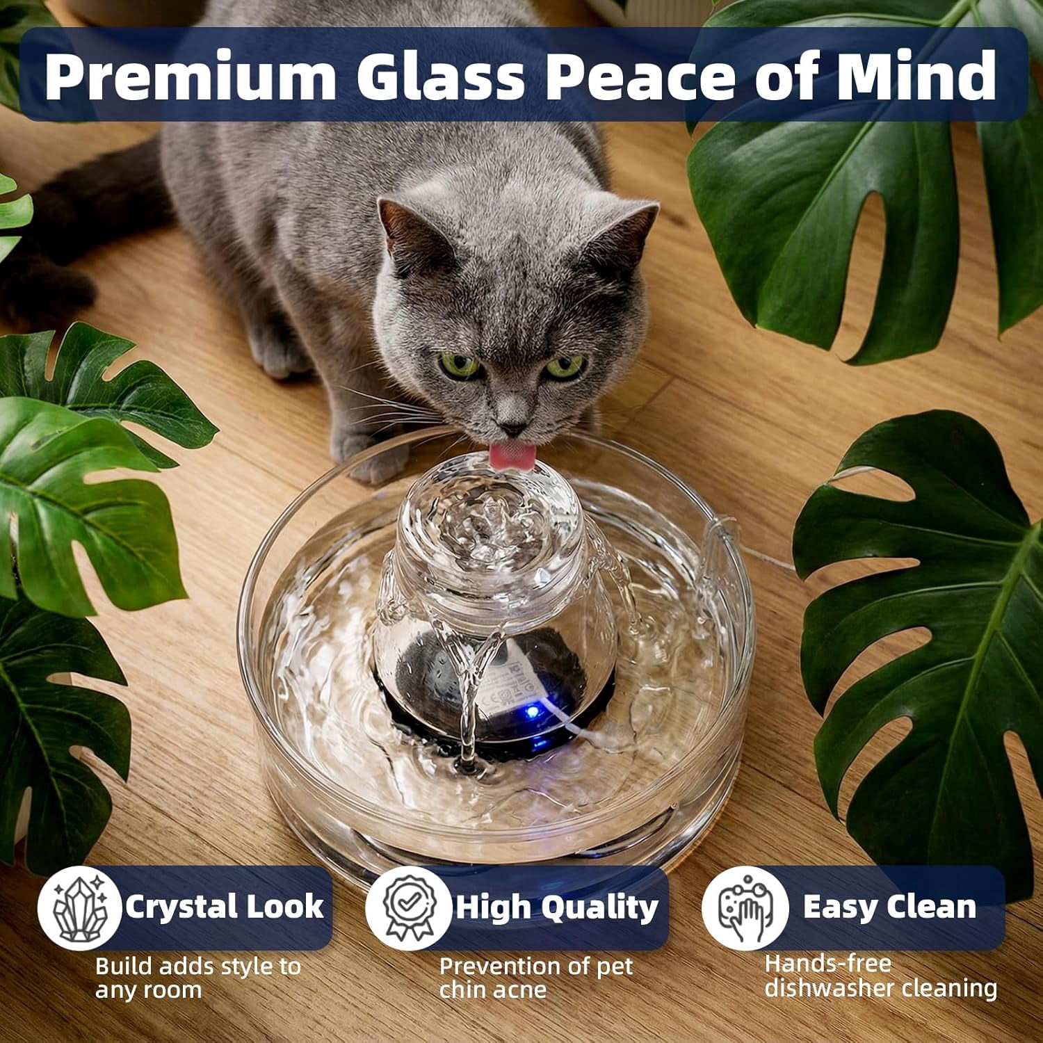 Ultra-Quiet 2.6L Glass Water Fountain for Cats and Dogs, Automatic Indoor Pet Drinking Dispenser for Multi-Pet Homes