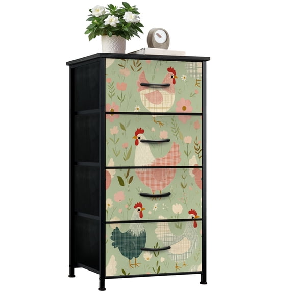 Animal Dresser for Bedroom with 4 Storage Drawers Whimsical Colorful Chickens Flowers Green Dressers Chest of Drawers Steel Framed Fabric Closet Organizers for Nursery Entryway