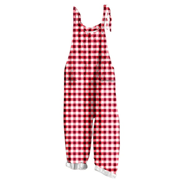 Gytharion Plus Size Jumpsuits for Women Plaid Printed Sleeveless Straps Jumpsuits Casual Loose Overalls with Pockets