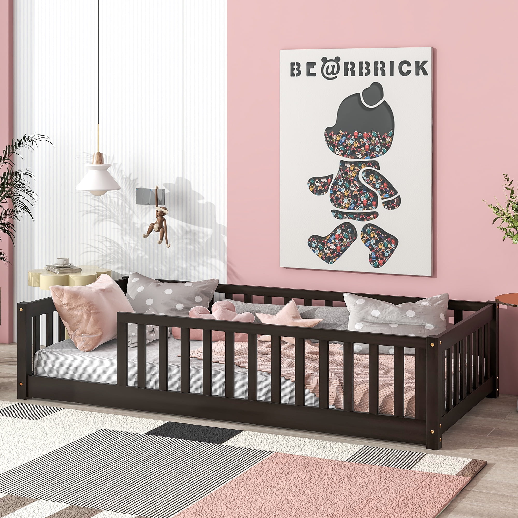 Twin Size Rubber Wood Floor Bed with Full Safety Fence No Door, Espresso Montessori Floor Bed with Guardrails, Platform Bed with 7 Support Slats, for Toddler Kids Bedroom