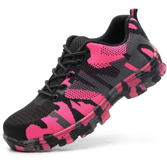 Luolocsn Chaussures de Travail pour Femmes Camouflage à Embout d'Acier Chaussures de Sécurité Chaussures Anti-Perforation Espadrilles Roses 38/8 Femmes/6 Hommes