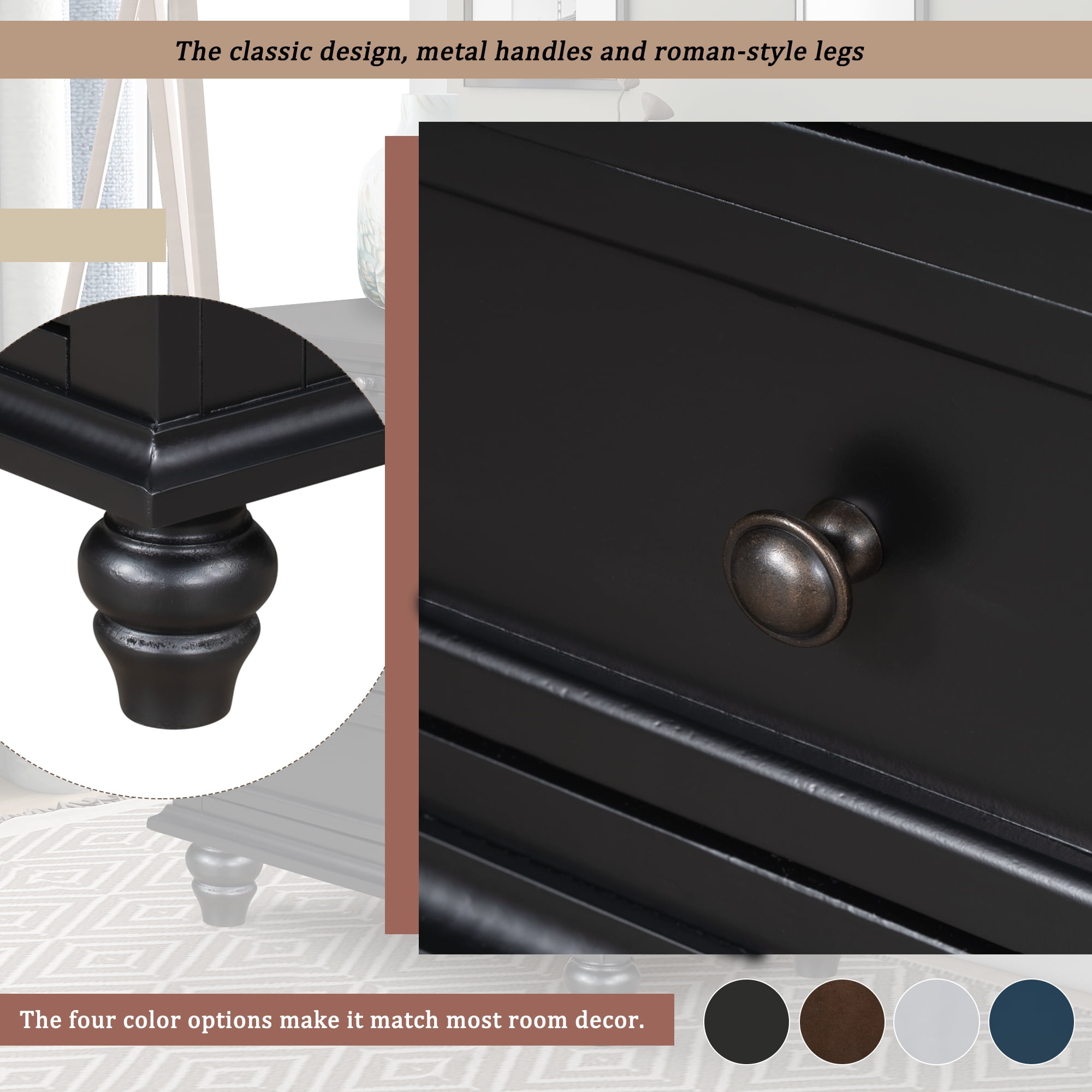 Euroco 28" Nightstand with Pull Out Tray 3 Drawers Rubber Wood Legs, Black