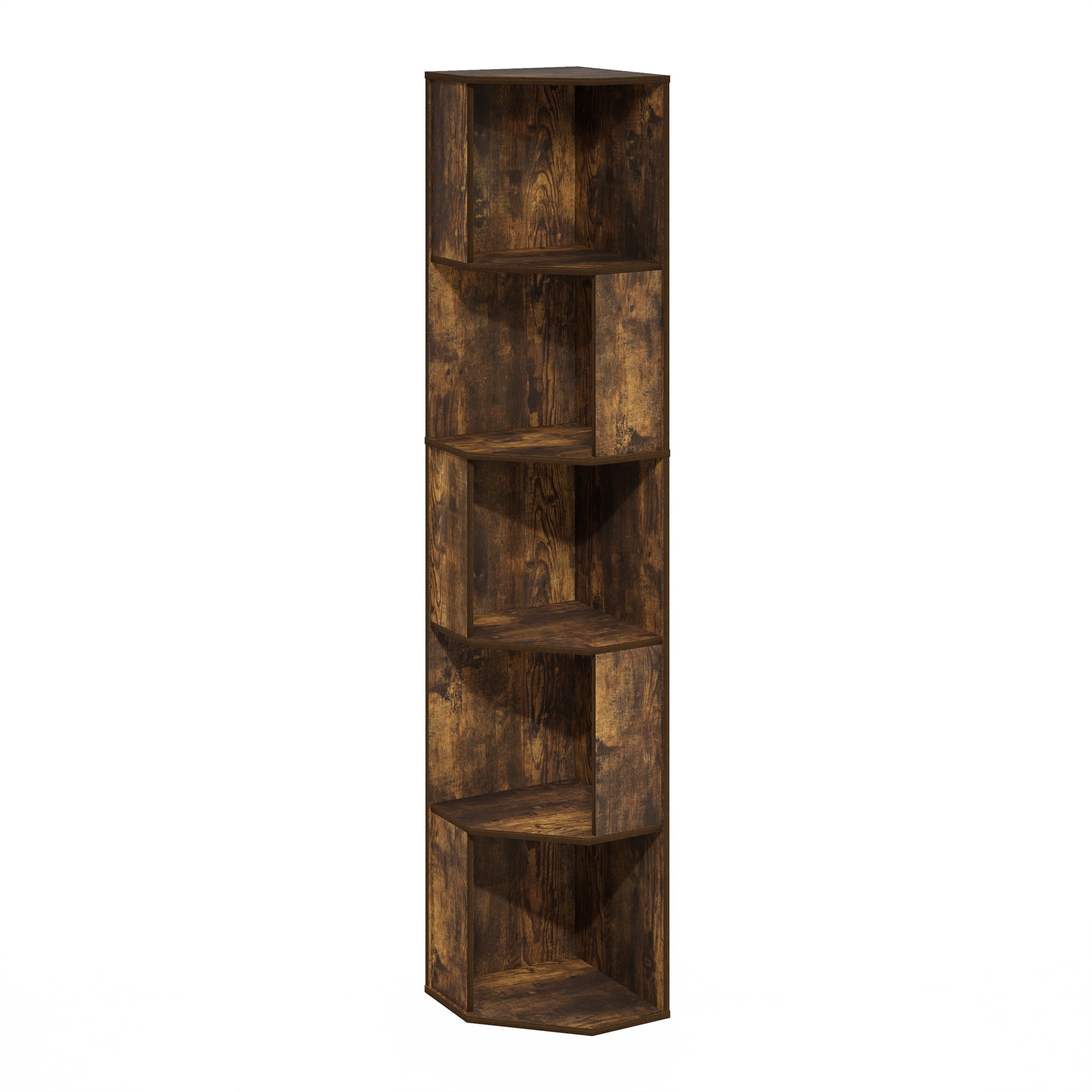 Furinno ECON 5-Tier Freestanding Corner Shelf Bookcase in Bookshelf Amber Pine