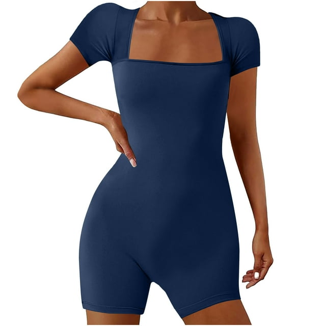 AherBiu Athletic Rompers for Women Stretchy Square Neck Workout Butt Lift Bodysuits Yoga Jumpsuits Shorts