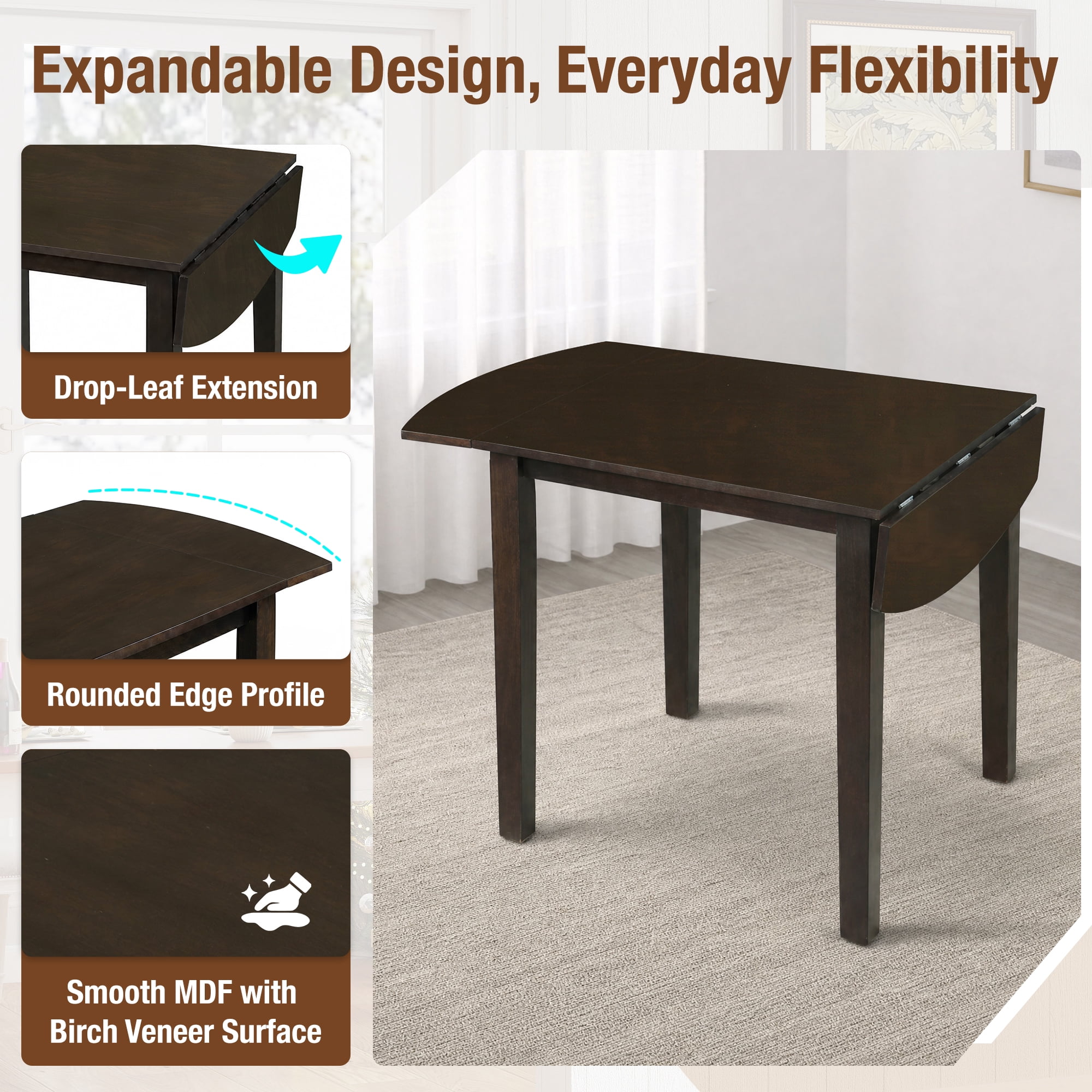 Euroco 29.5"-47.3" Extendable Dining Table for 2-4 People, Farmhouse Wooden Kitchen Table with Drop Leaf for Dining Room,Space Saving,Dark Brown