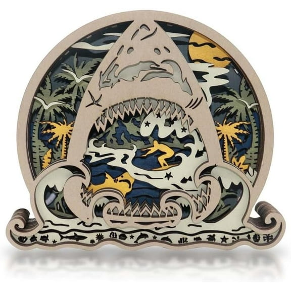 3D Wooden Animals Carving, Shark Decor, Intricately Multi-Layered Wood Carved, Ocean Fish Statues Rustic Figurine Wall Hanging Sculpture Silhouette Ornament Art for Living Room Home Room Beach House