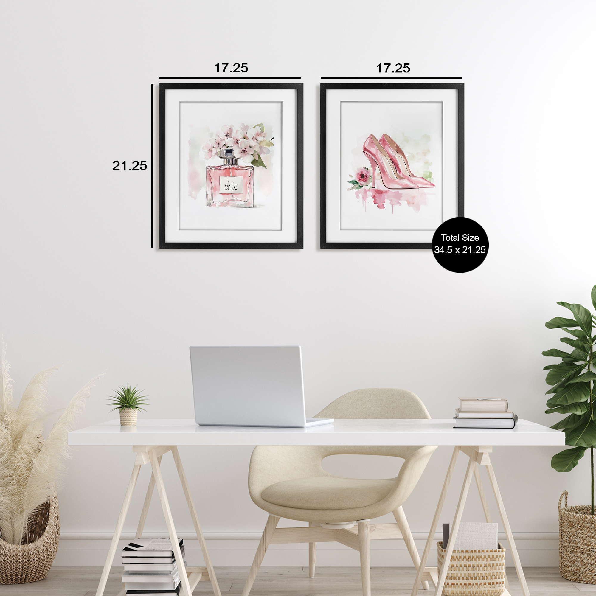Rosy Pastel Perfume & Heels 2 Piece Black Framed Print Under Glass Set, design by Christine Simpson Art