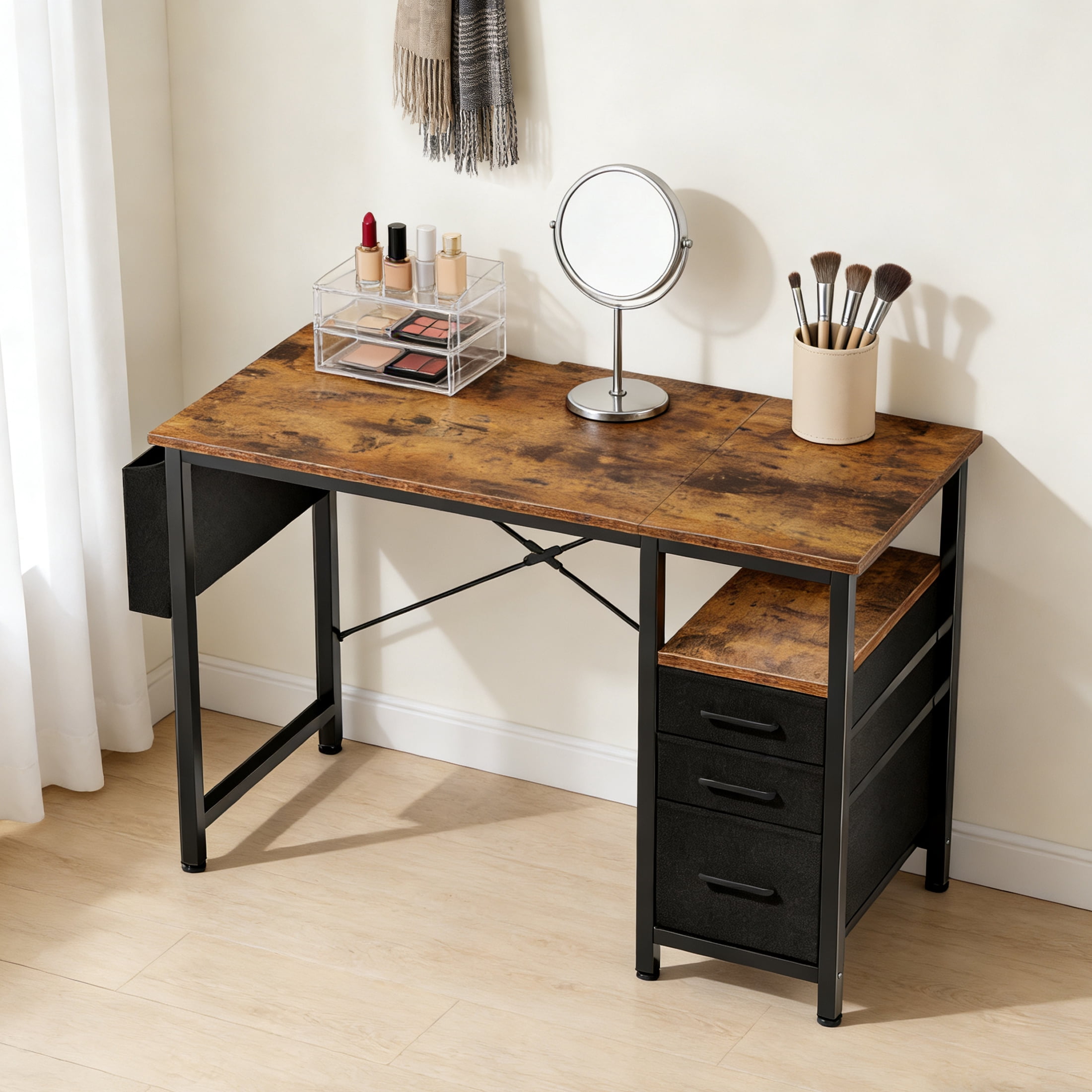 EDX 40 Inch Computer Desk with 3 Drawers, Writing Desk with Side Storage Pocket, for Home Office, Bedroom , Rustic Brown