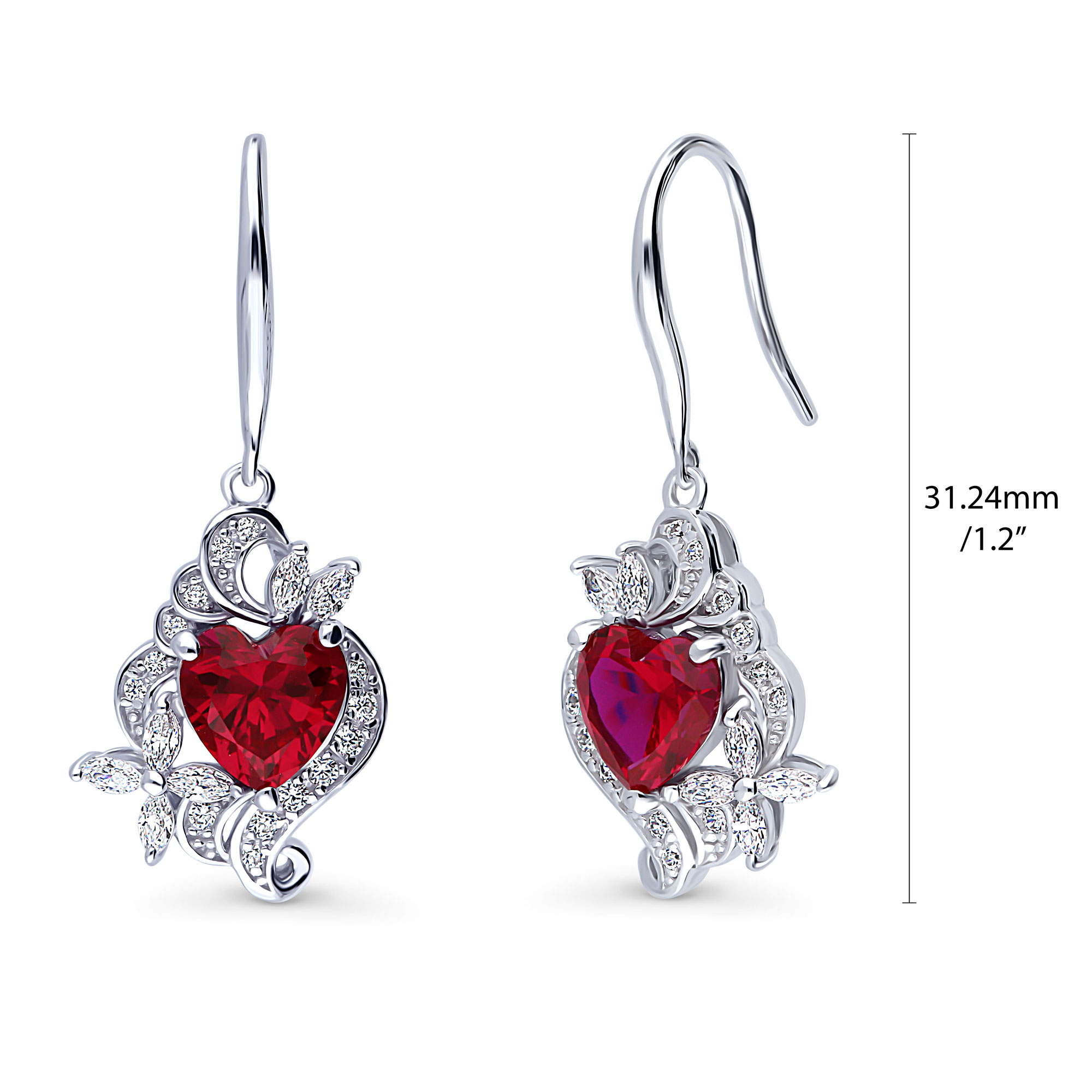 BERRICLE Sterling Silver Heart Cubic Zirconia CZ Flower Fashion Fish Hook Dangle Drop Earrings for Women, Rhodium Plated, Ruby Color