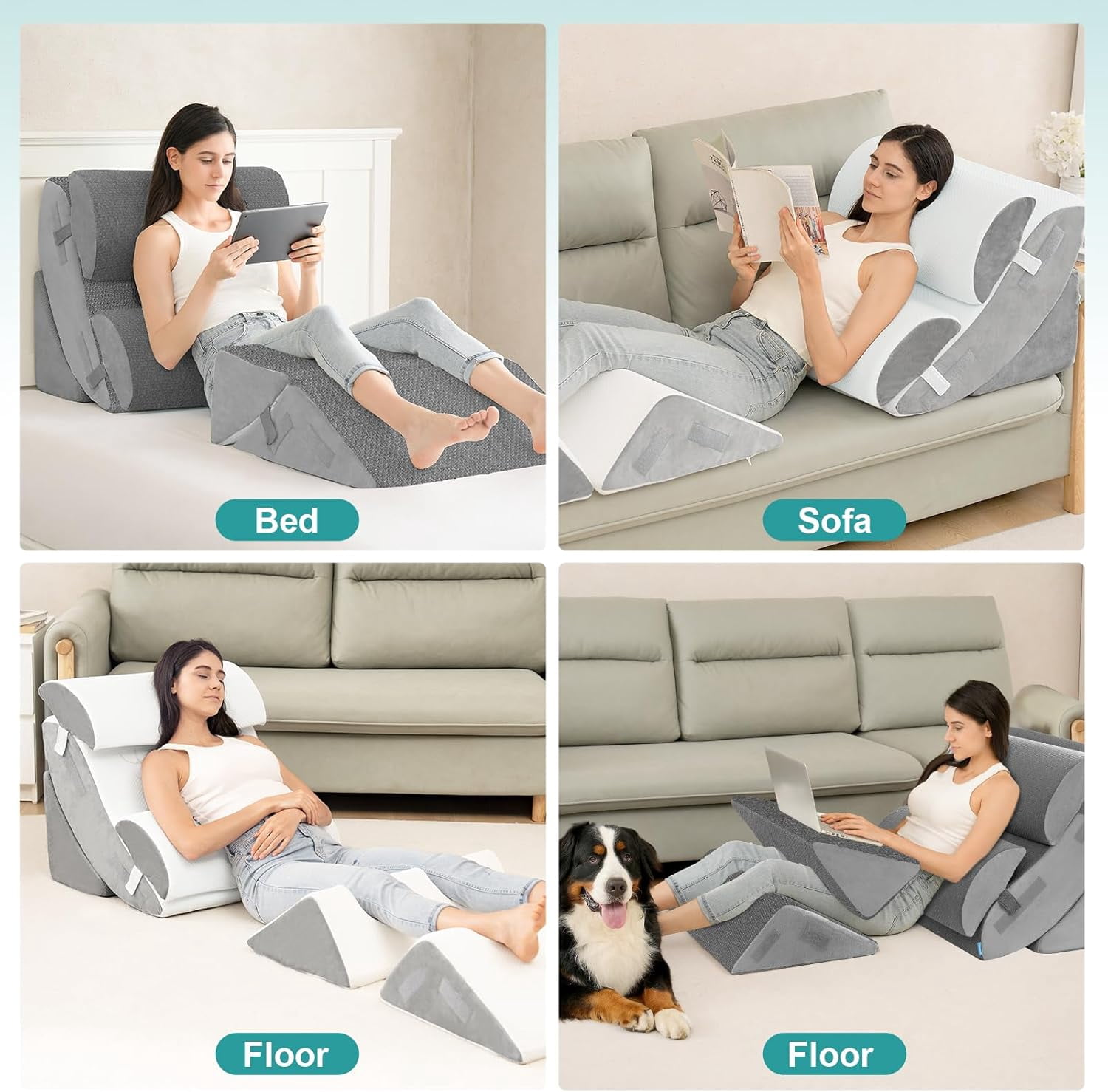 6PCS Orthopedic Bed Wedge Pillow for Sleeping, Adjustable Post Surgery Pillow Set for Body, Back and Leg Pain Relief, Memory Foam Support Pillows for After Surgery, Grey