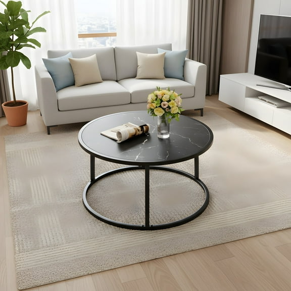 Round Black Coffee Table with Faux Marble Top - Modern Living Room Decor