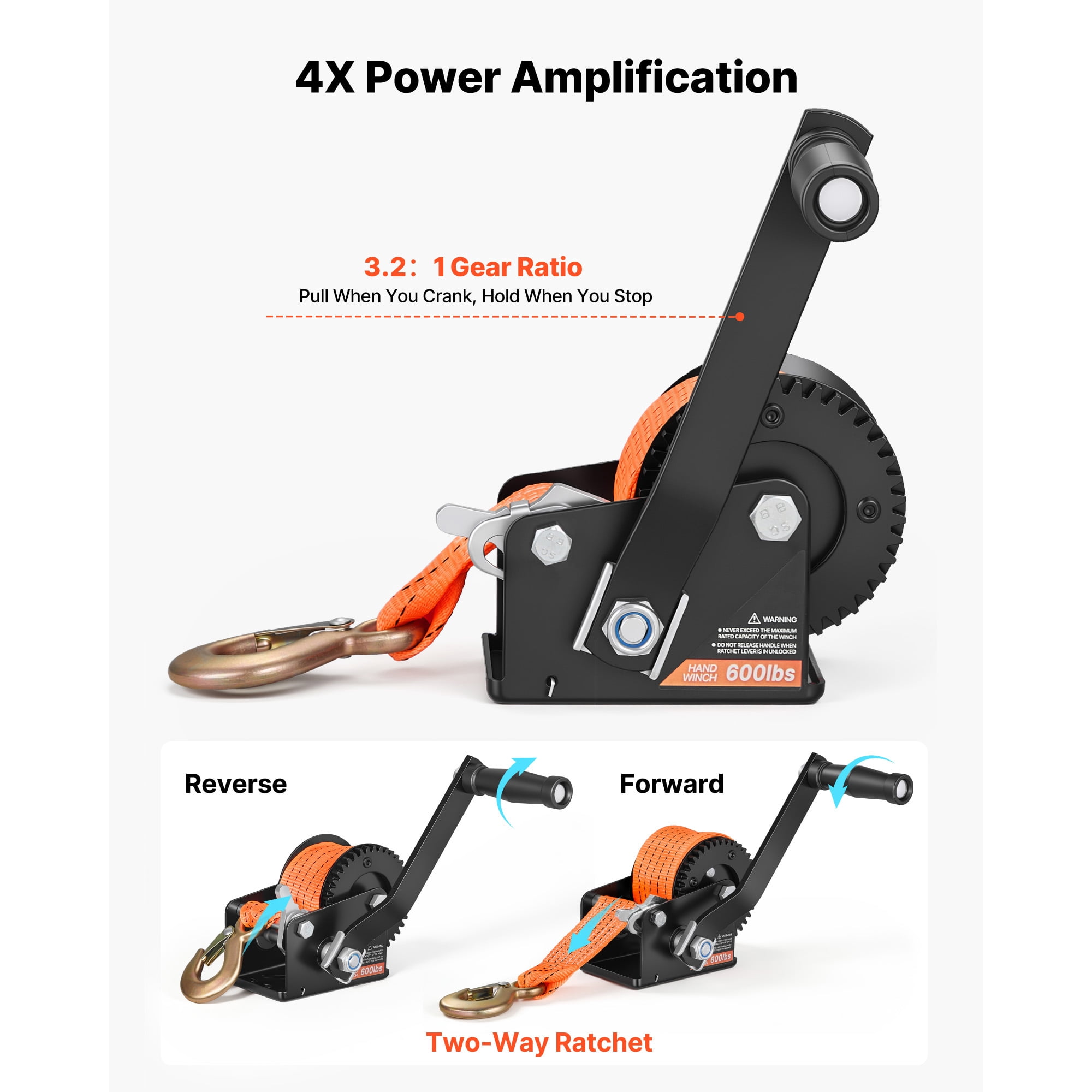 KFFKFF 600 lbs Hand Winch, Durable Manual Rope Crank with 20ft Orange Polyester Strap, Two-Way Ratchet, Anti-Slip Handle for Boat Trailer and ATV Towing