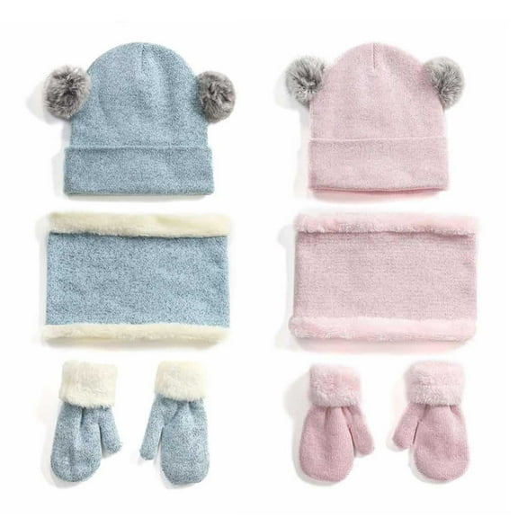 SPRING PARK 4Pcs/Set Kids Cute Winter Double Dual Pompom Soft Beanie Cap Hairy Plush Neck Wrap Scarf Warm Thick Gloves Set