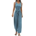 thumbnail image 6 of Lenpel Jumpsuits for Women Summer Casual Sleeveless V Neck Tie Front Pleated Wide Leg Rompers Beach Vacation Outfits, 6 of 7