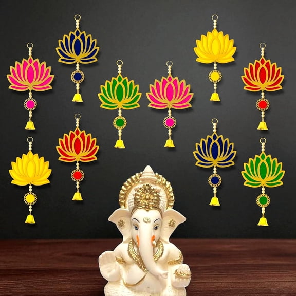 MDF Lotus Hanging Pack of 10 with Pom Pom & Bell, 8 Inch Home & Festive Decoration, Mandir, Housewarming, Pooja Room, Wedding & Party Decor