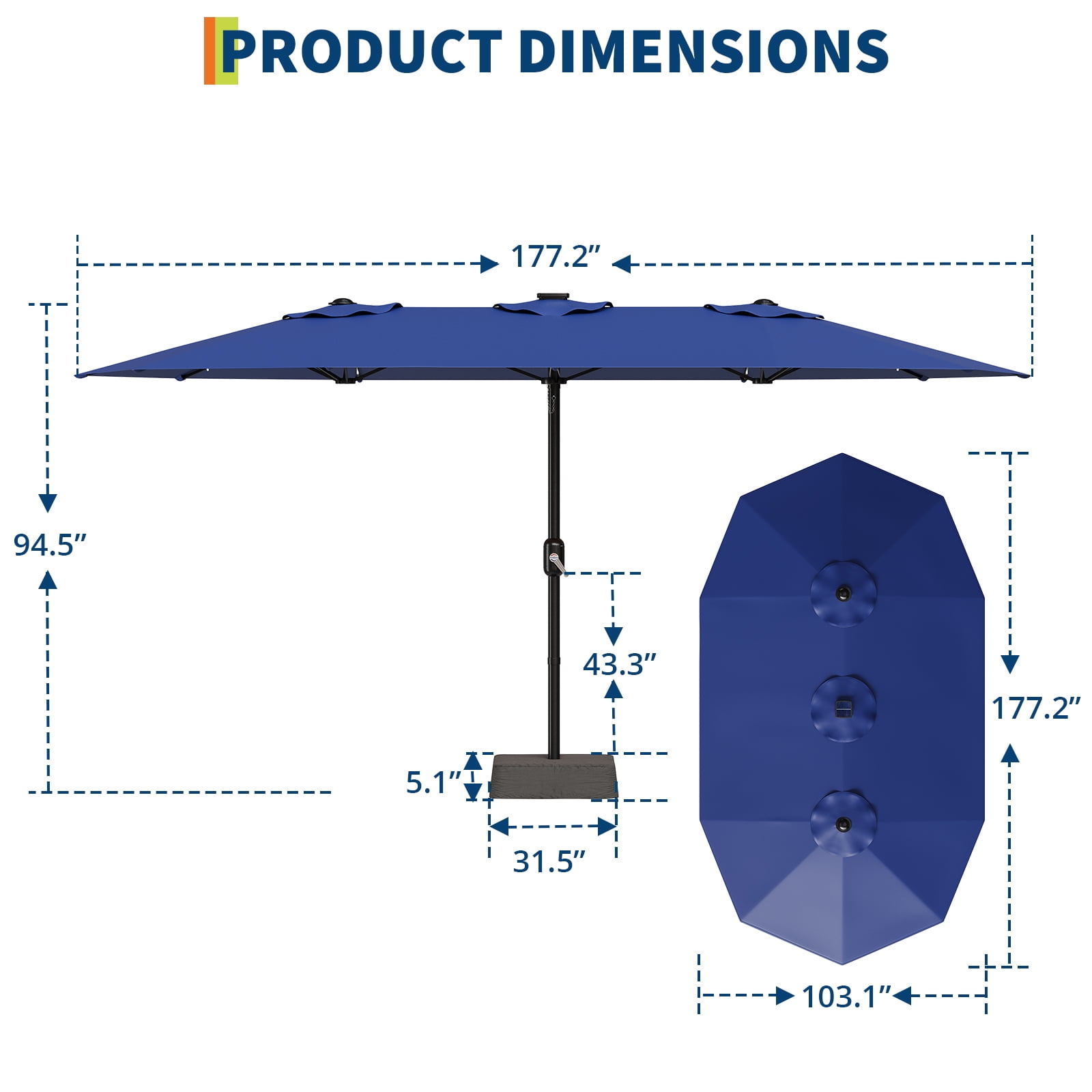 15ft Patio Umbrella with Solar Lights, Outdoor Large Umbrellas with Crank Handle and 36 LED Lights, Rectangular Market Umbrella with Base Included for Deck Pool Shade