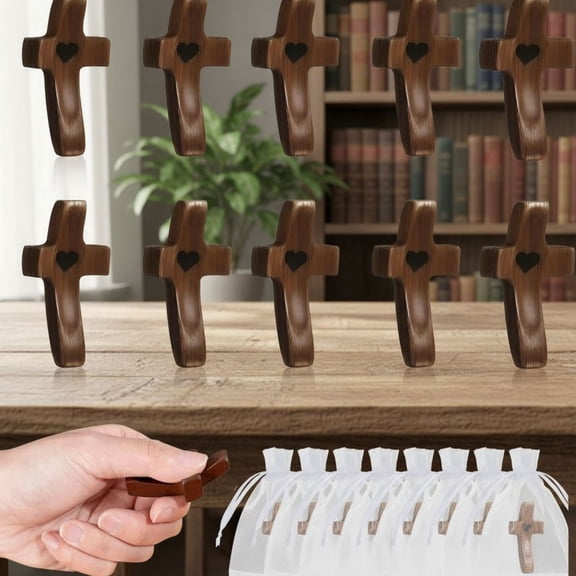 10Pcs Handmade Wooden Pocket Cross with Organza Bags，Stress-relief pocket cross, designed specifically for Christians; religious Easter gift.