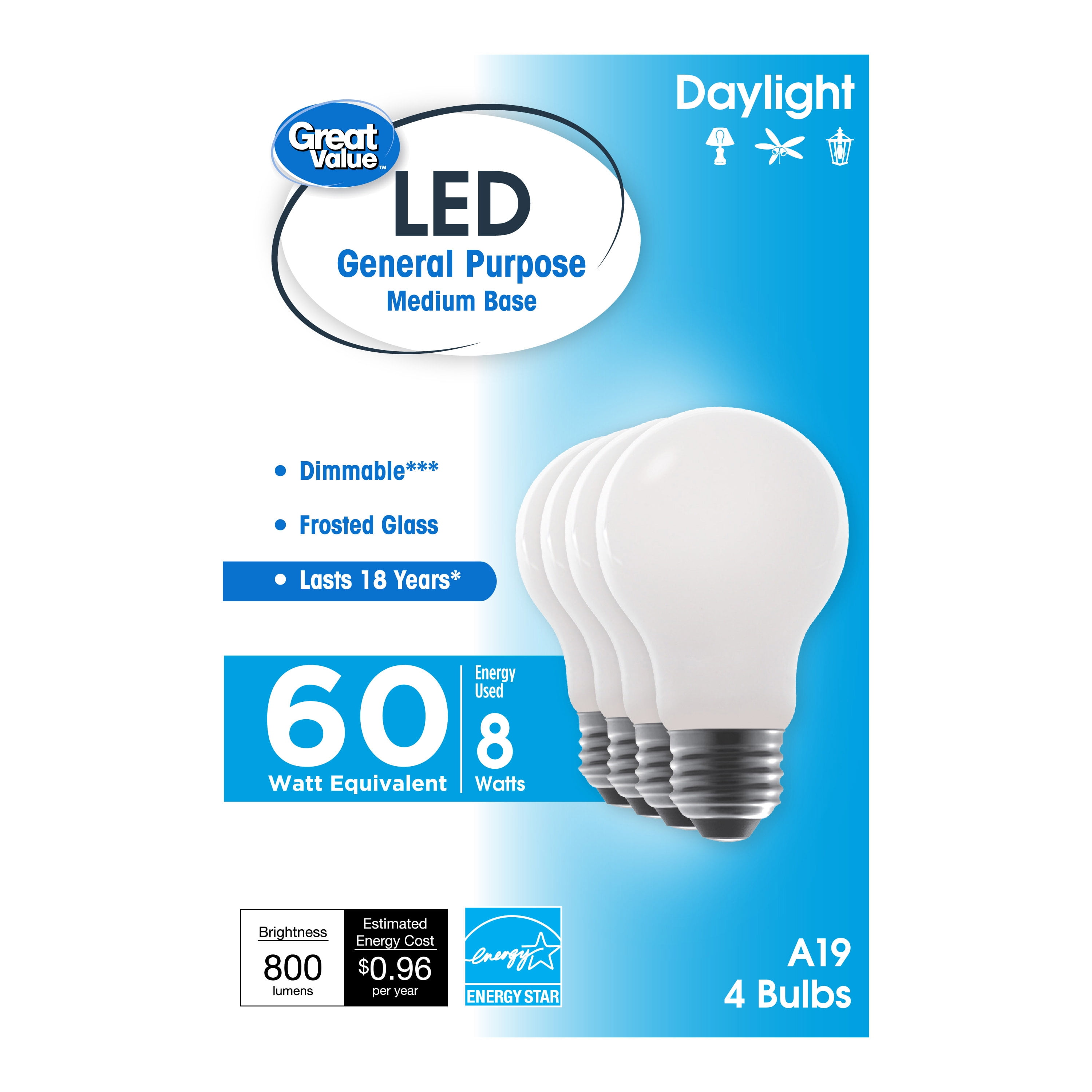 Great Value 18 Year LED Light Bulbs, A19 60 Watts Equivalent, 8 Watts Efficient, Dimmable, Daylight, Frosted Glass, 4 Pack