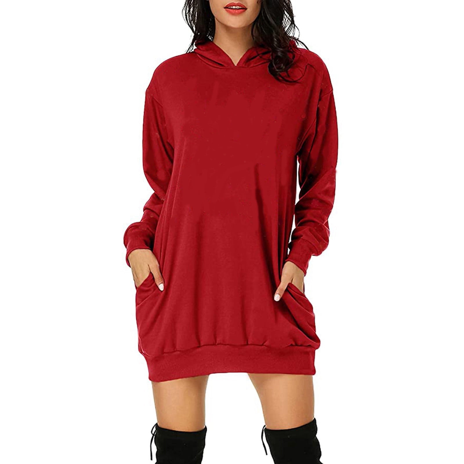 DPTALR Women Hooded Dress Long Sleeves Pockets Short Sweatshirt