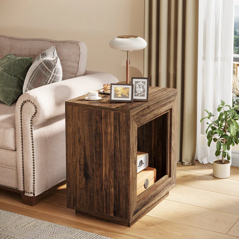 MAYEERTY Square Wood End Table, Rustic Walnut Finish Storage Side Table Nightstand for Living Room Bedroom
