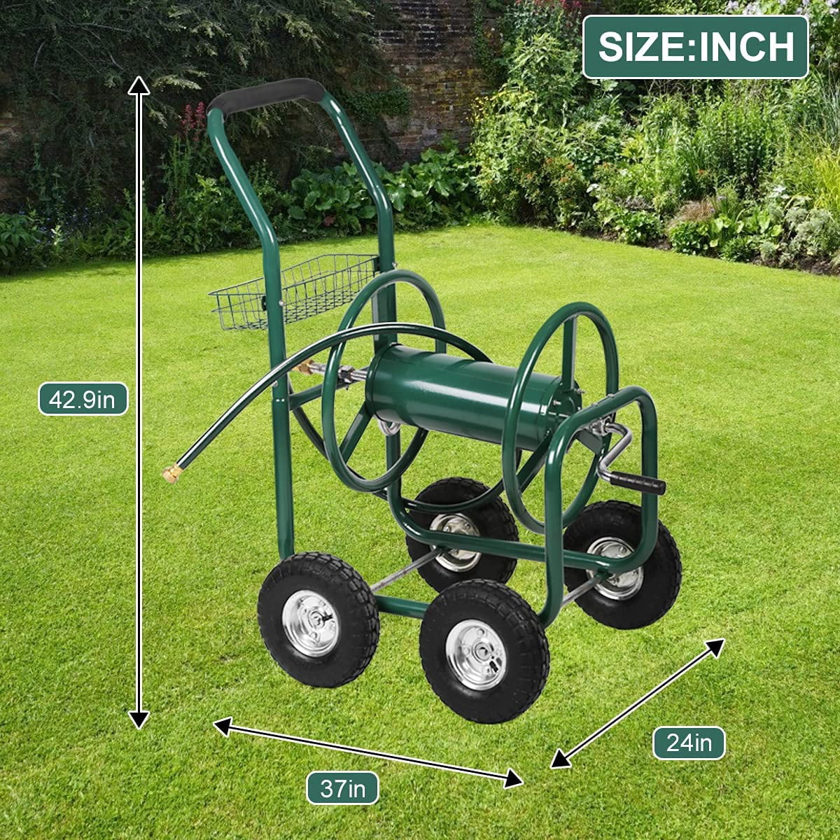 Dkeli Hose Reel Cart Garden Hose Carts with Wheels Heavy Duty Portable Water Hose Cart 4 Wheels Outdoor Yard Lawn Planting Truck with Storage Basket, Green