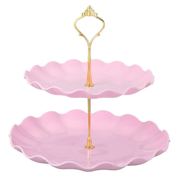 Soporte para cupcakes de 2 niveles Uxcell, bandeja de servicio redonda de 20/25 cm para cupcakes, decoración de mesa de frutas y postres para fiestas de cumpleaños, rosa (Ripple)