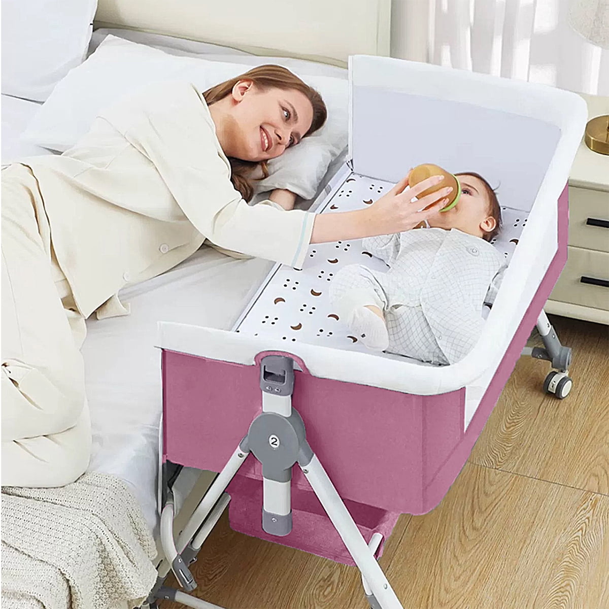 SLLINGLUO Baby Bassinet with Wheels & Changing Table, 5-Level Height Adjustable Folding Bedside Crib, Pink