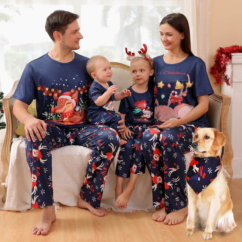 Cotton Family Matching Christmas Pajamas Set Xmas Deer Holiday Pajamas Sleepwear Dad Mom Kids Baby Dog