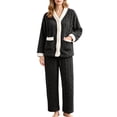 thumbnail image 3 of PNTUTB Women's Fleece Soft Warm Pajama Set Contrast V-neck Button Long Sleeve Pockets Top and Pant Fall Winter Loungewear Set, 3 of 7
