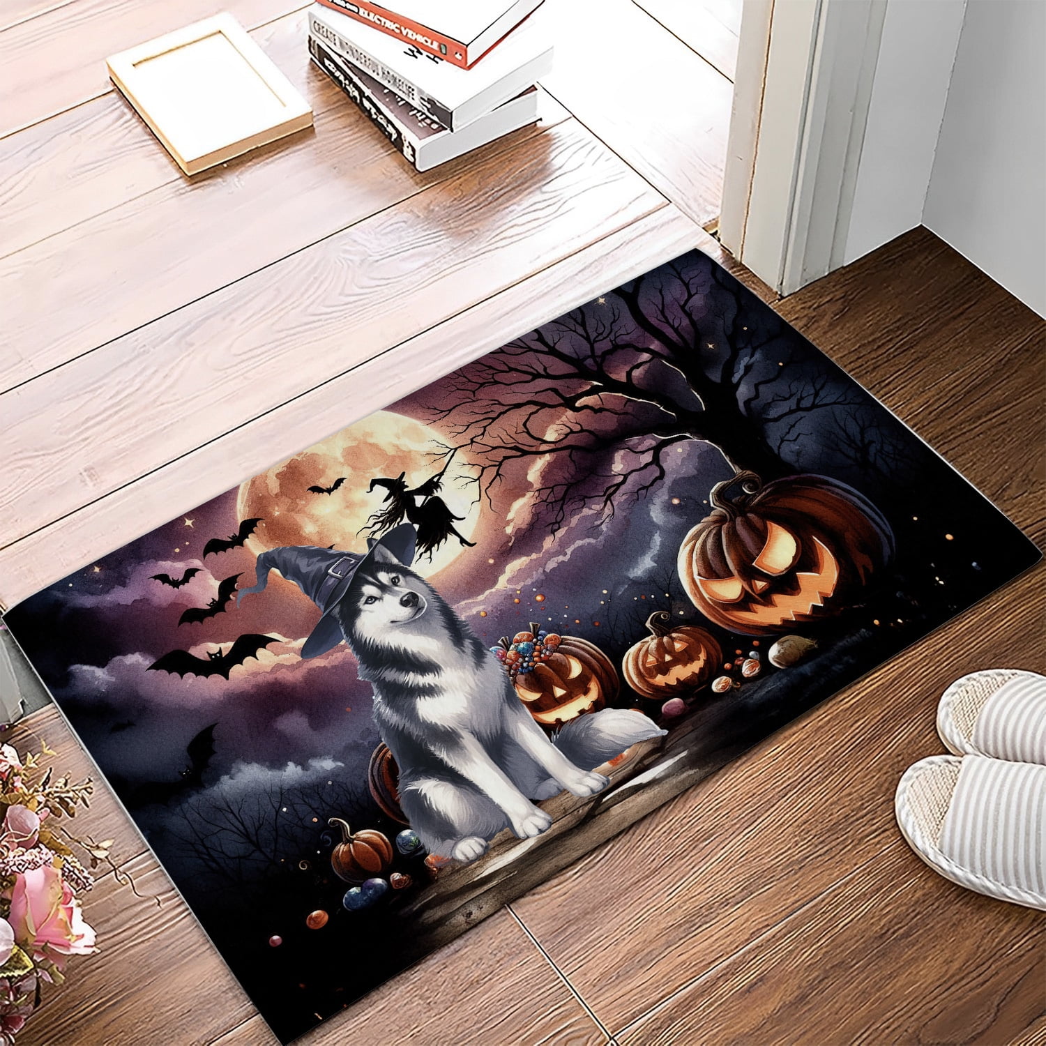 Spooky Halloween Night Witch Siberian Husky Glowing Pumpkins Doormat Husky Dog Lover Gifts Indoor Outdoor Welcome Mat - 12015