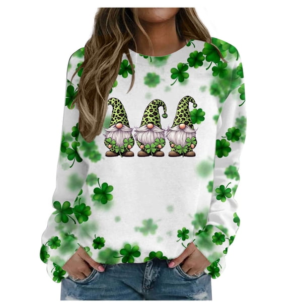 Xuyuer Women's Round Neck St. Patrick's Day Printed Long Sleeve Shirts Sweatshirt - Festive Holiday Graphic Pullover Top for Seasonal Parties, Gift Exchanges and Cozy Spring Summer Wear