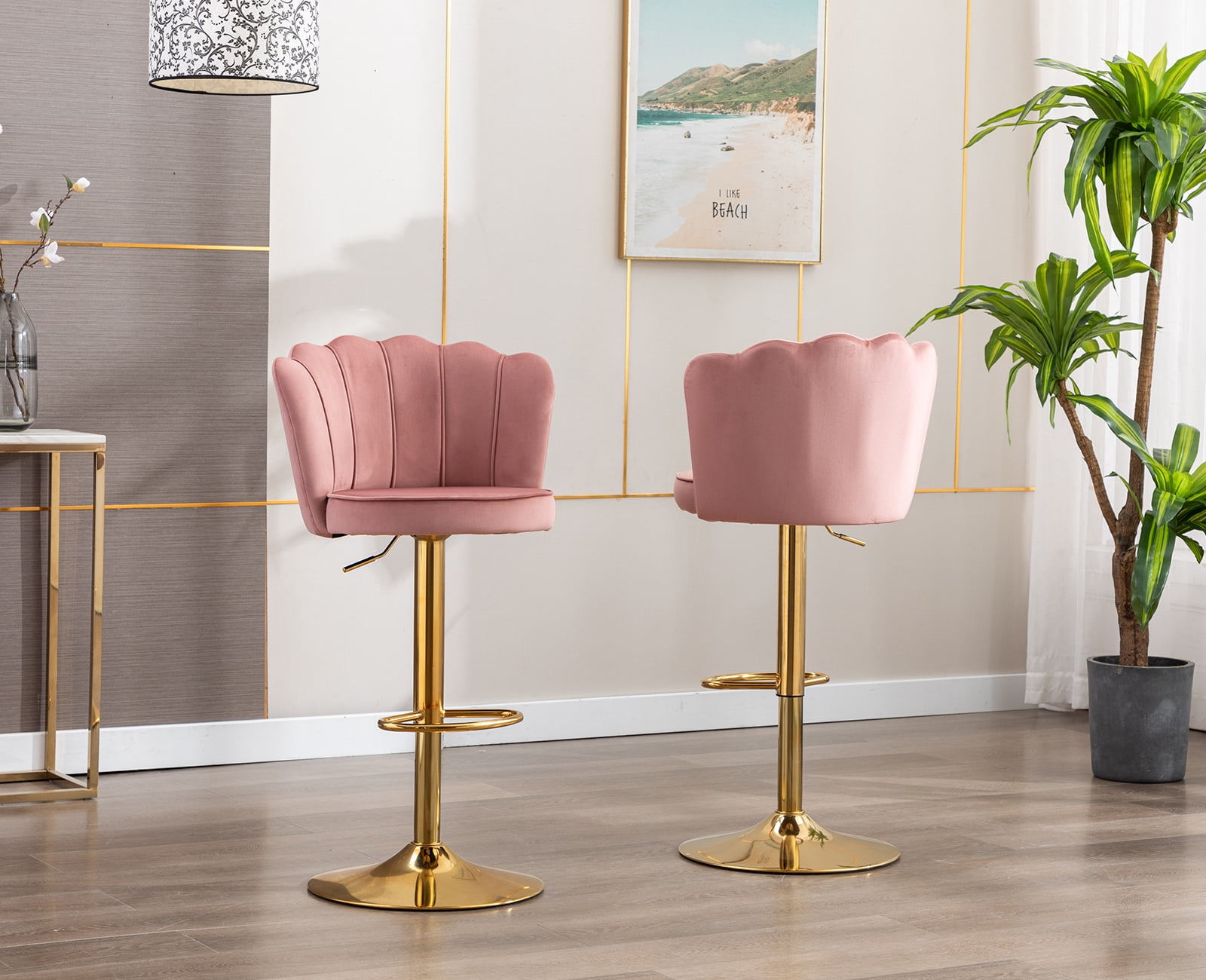 Guyou Swivel Adjustable Bar Stools Set of 2, Velvet Counter Height Barstools with Petal Back and Gold Footrest, Modern Counter Bar Height Stool Chairs for Kitchen Island Bar Cafe, Dark Pink