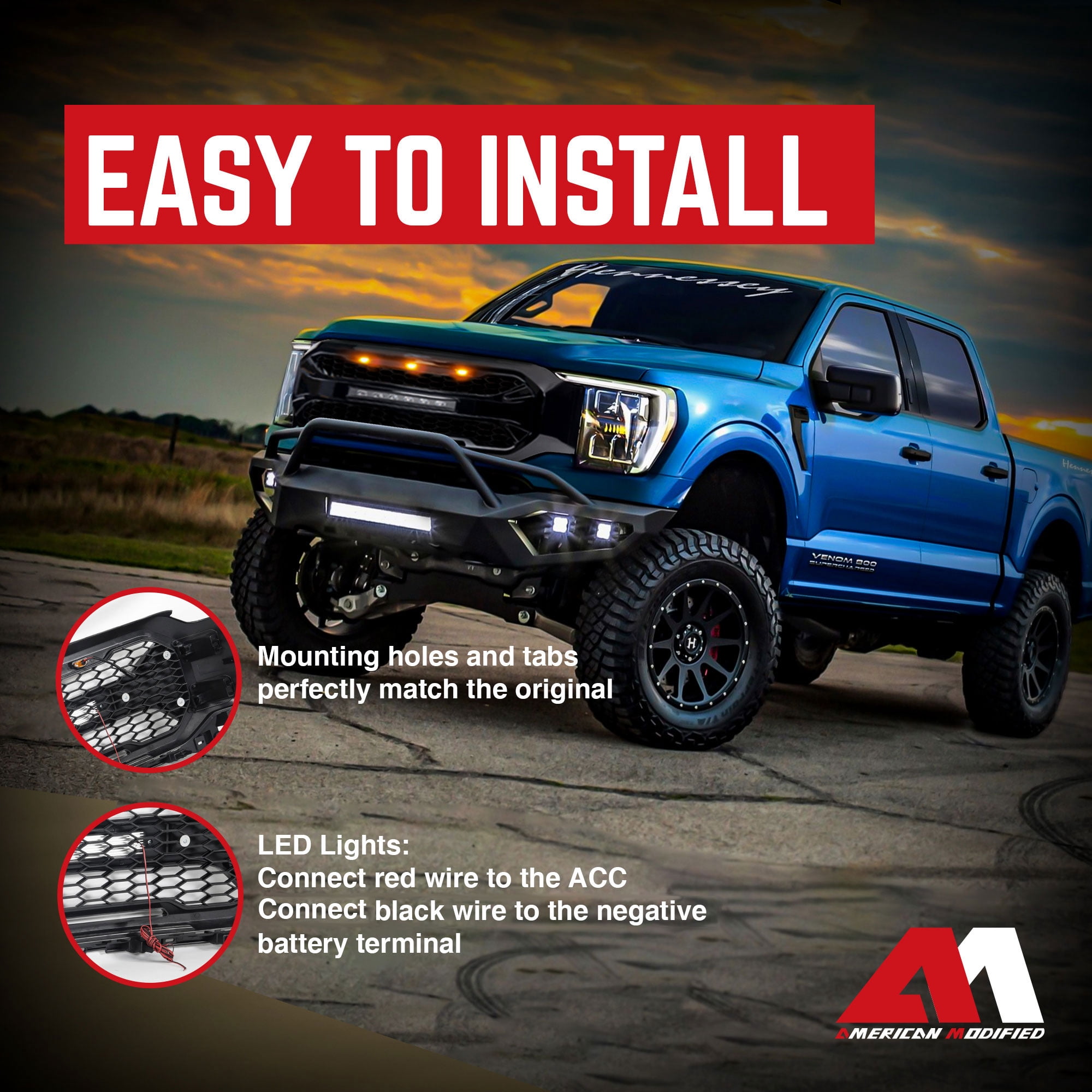 AMERICAN MODIFIED Armor Grille for 2021-2023 Ford F150, Glossy Black