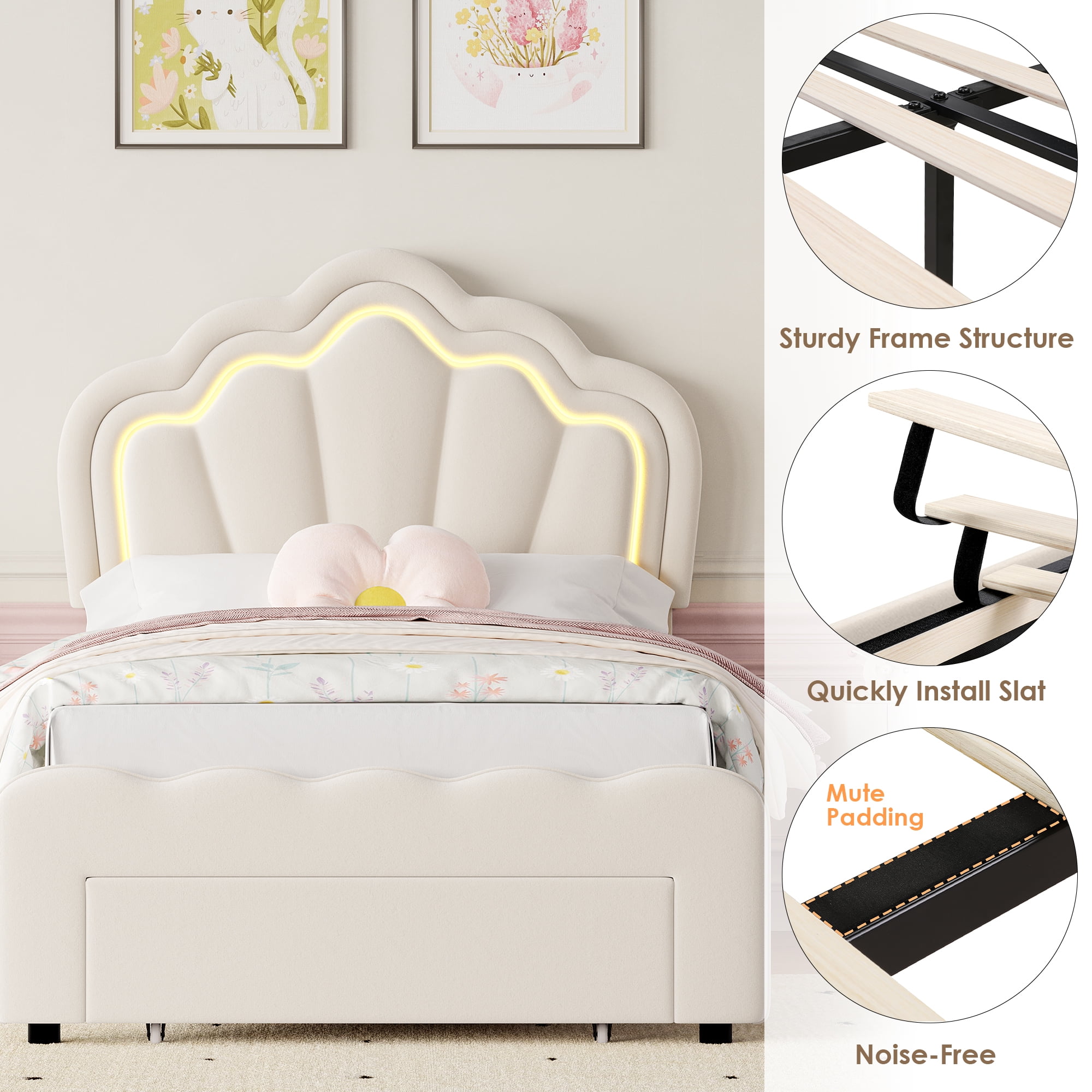 Homfa Twin Size LED Bed Frame with Storage Drawers, Velvet Upholstered Platform Bed with Adjustable Petal Headboard, RGB LED Lights Bed for Bedroom, Beige