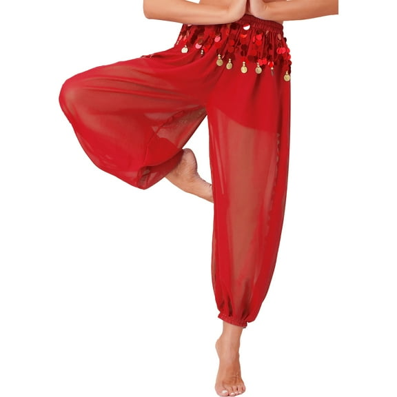 Alvivi Women's Belly Dance Coins Lantern Pants India Harem Bloomers Arabic Halloween Trousers Red One Size