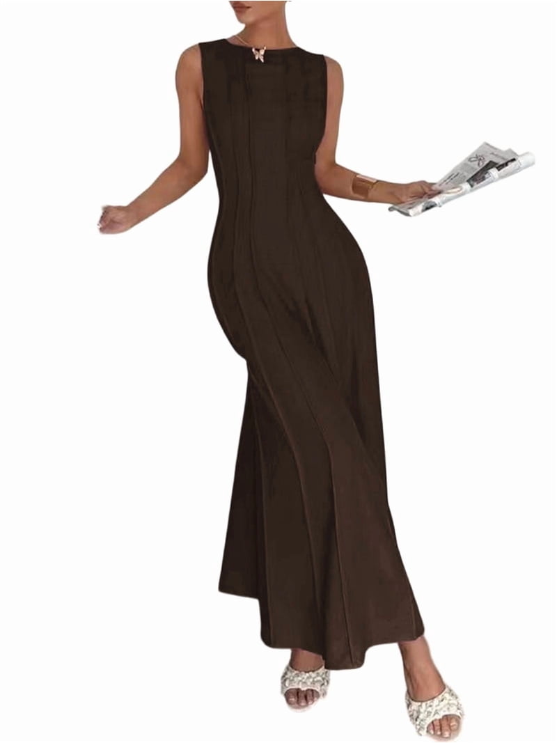 tank maxi dress brown Womens Tank Maxi Dress Sleeveless Crew Neck Summer Folds Dresses Formal A  Line Modest Party Dress Navy Blue L