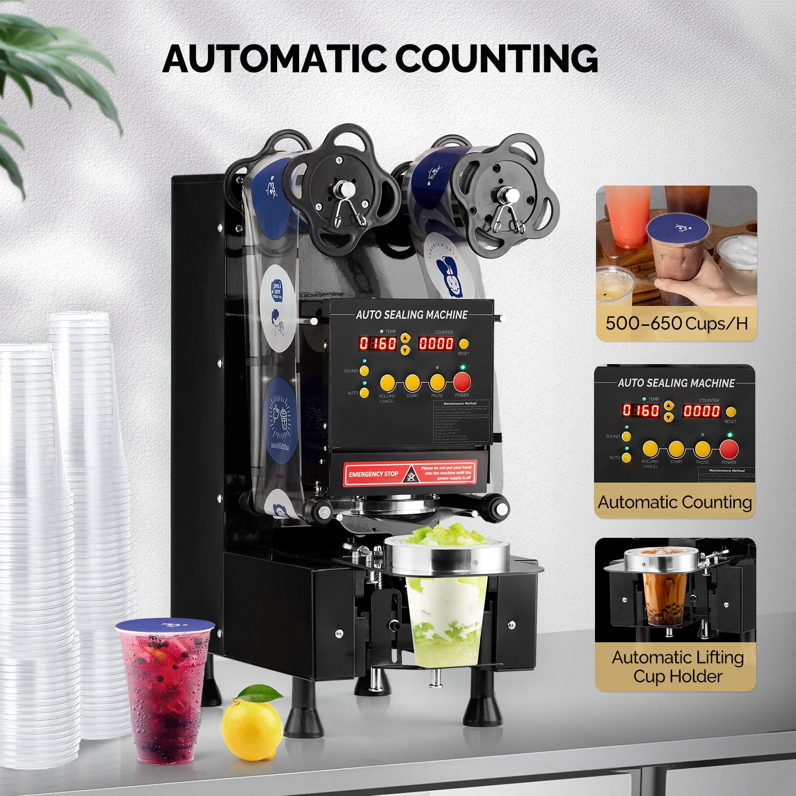 Cup Sealing Machine, Full Automatic Cup Sealer Machine 88/89/90/95mm, Electric Boba Cup Sealing Machine 500-600 Cups/H with LCD Control Panel for Bubble Milk Tea