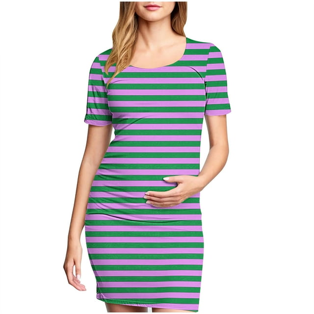 Robe de Maternité pour Femmes, Style Mi-Mollet Plissé à Imprimé avec Manches Courtes et Encolure Ronde, Mélange Polyester-Spandex, Coupe Confortable Extensible, Idéale pour les Séances Photo de Grossesse Ou les Occasions Formelles