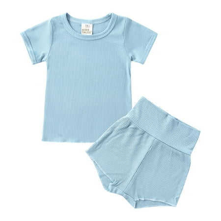 

Canrulo 2Pcs Unisex Solid Color Short Sleeve Pullover + High Waisted Pants Blue 3-4 Years