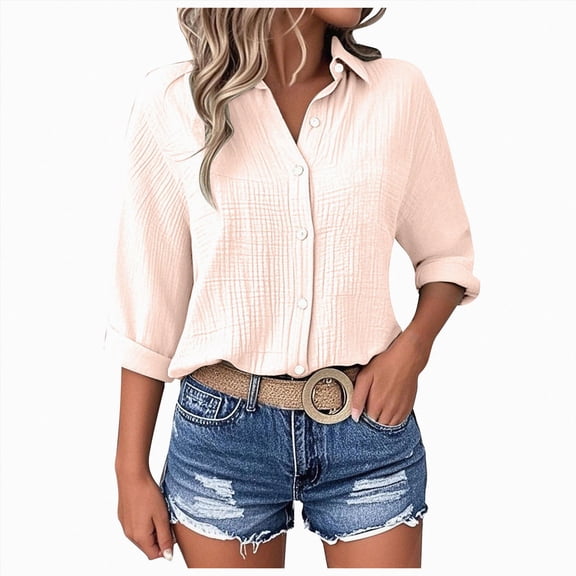 vigerkar Gauze Shirts Women Summer Casual Loose 3/4 Sleeve Button Down Tops Textured Collared Work Blouses Vacation Clothes (Light Pink, XXL)