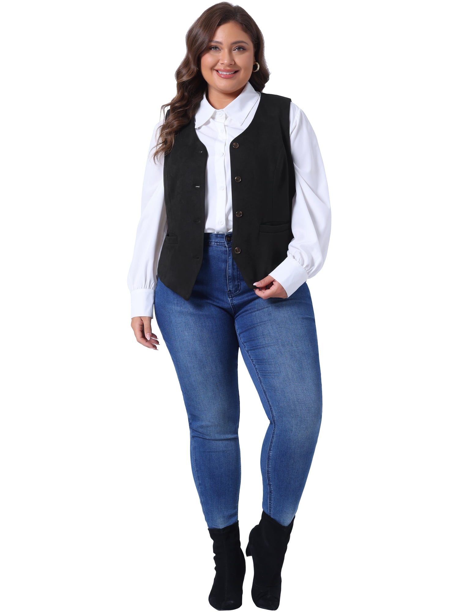 DARING DIVA Women's Plus Size Fully Lined 4 Button V-Neck Dressy Suit Vest 1X Black