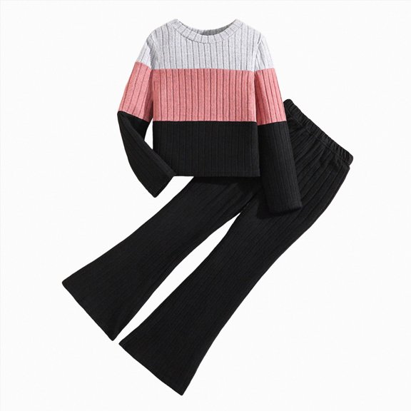 newwalpole Toddler Girl Clothes Ribbed Fall Winter Outfits for Girls | Long Sleeve Ribbed Crewneck Pullover with Flared Pants, Littler Girls 2 Piece Colthing Set(Black,7-8 Years)
