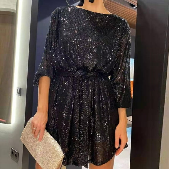 Dyfzdhu Cocktail Dresses for Women Holiday Party Sequin Beaded Lace Up Long Sleeved Dress Black