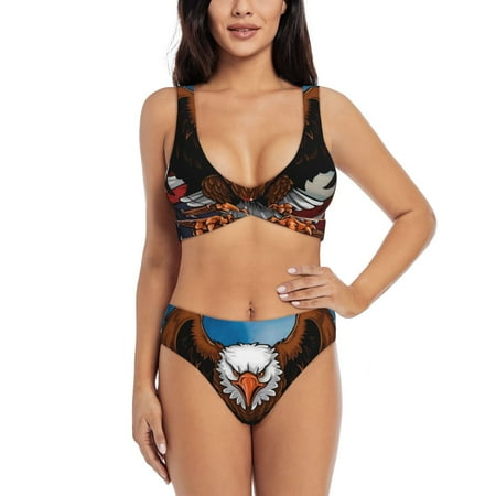 Zeuib Cartoon Bald Eagle USA High Waisted Tummy Control Bikini Set - Knot Front Push Up Top & Cheeky Thong Bottom  Two-Piece Swimsuit for Women-Small