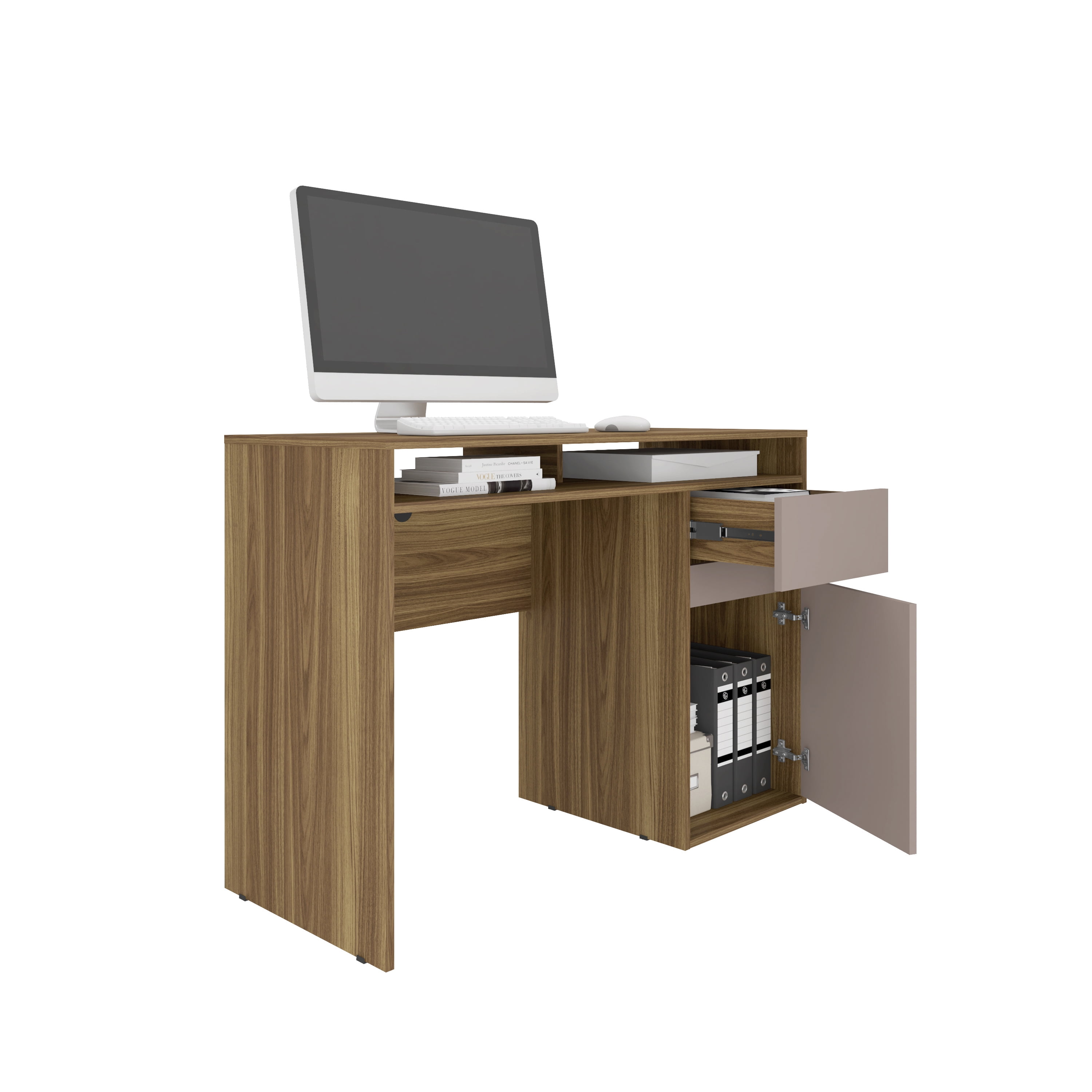 Home Office Workstation with Storage, Walnut