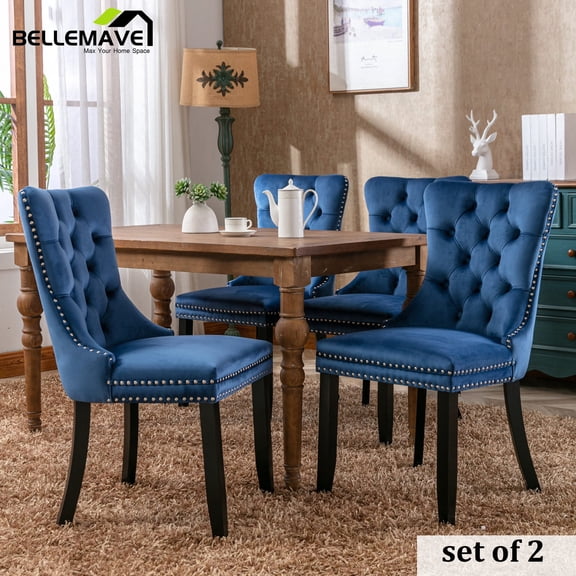 Velvet Tufted Dining Chair/Kitchen & Dining Room Chairs, High-End Upholstered Dining Chairs with Rubber Wood Legs and Nailhead Trim, Dining Chairs Set of 2 (Blue)