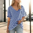 thumbnail image 2 of Otvok Women Oversized T-Shirt Striped Short Sleeve V Neck Tee Shirt Casual Loose Drop Shoulder Summer Going Out Top, 2 of 6