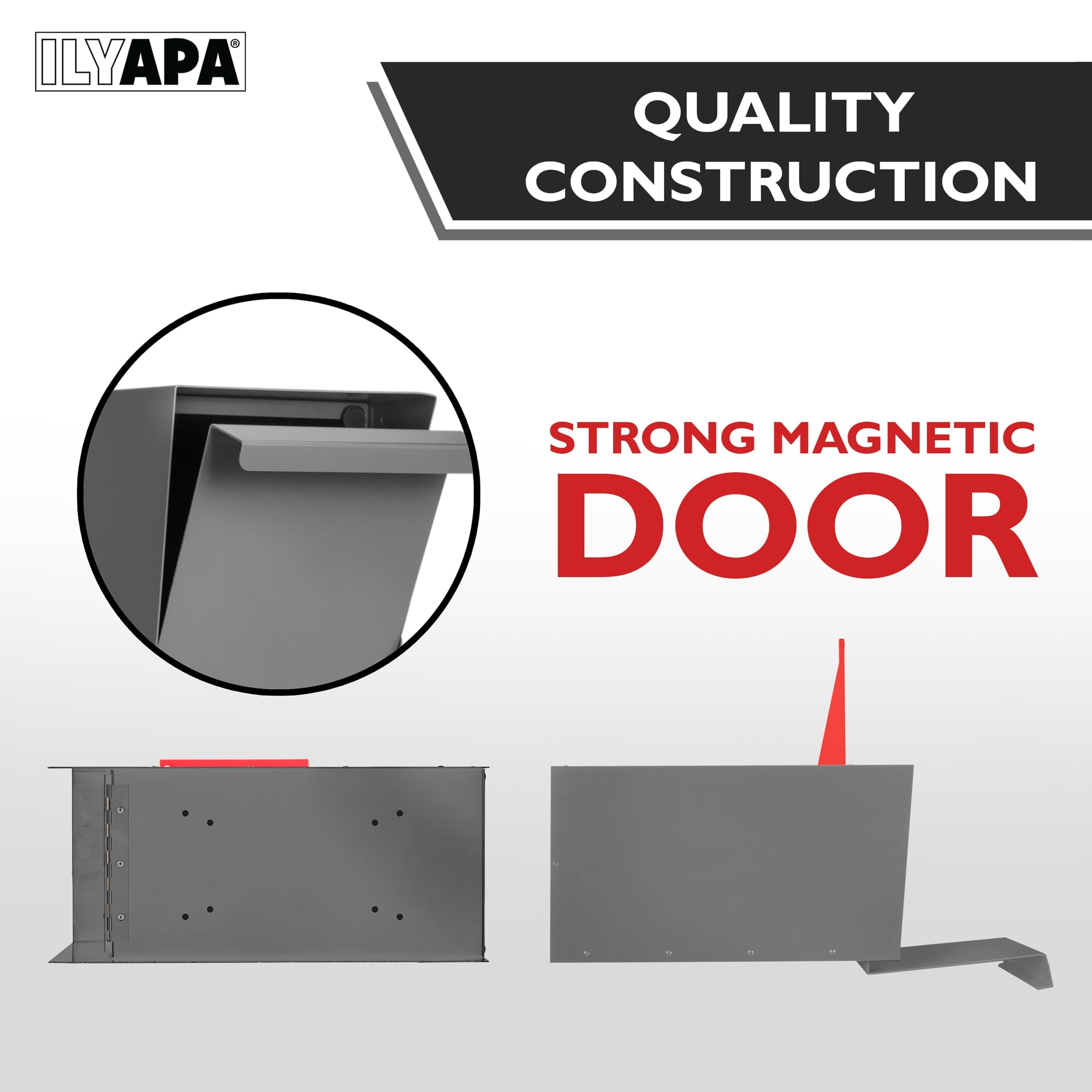 Ilyapa Modern Mailbox for Post Mount - Gray with Gray Door Powder Coated Steel, Waterproof Letter Box for Parcels, with Recessed Magnetic Close Door