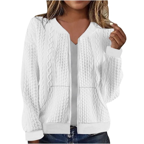 Women Bomber Jacket Full Zip Up Coat with Pockets Long Sleeve Casual Solid Cropped Outerwear (XL, White)
