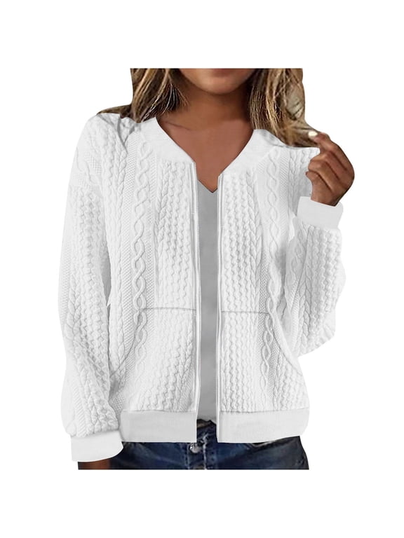 Women Bomber Jacket Full Zip Up Coat with Pockets Long Sleeve Casual Solid Cropped Outerwear (XL, White)